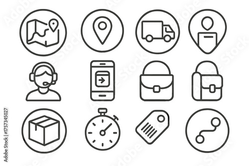 Logistics Line Icons. Line style round icons of logistics and delivery: route map, GPS pin, delivery icon, transport truck;