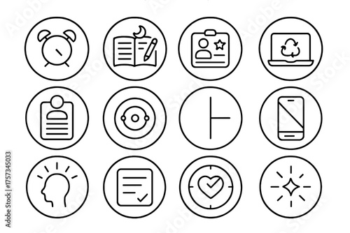 Personal Growth Icons. Line style round icons of personal systems: morning routine, evening journal, self-review card, weekly