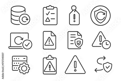 Business Continuity Icons. Line style round icons of business continuity: backup icon, risk plan, emergency tag, continuity shield