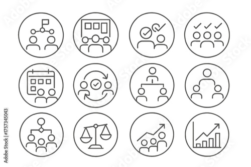 Team Productivity Icons. Line style round icons of team productivity systems: shared goals, team board, aligned priorities, group