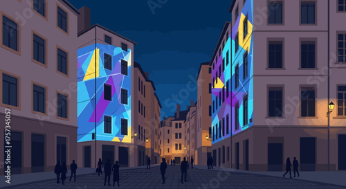 A minimalist flat design illustration capturing the essence of Vieux Lyon's historic architecture transformed by abstract light projections during the Fête des Lumières. 