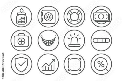 Emergency Funds Icons. Line style round icons of emergency funds: rainy day jar, bank vault, buffer icon, cash reserve; emergency