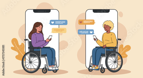 Two people in wheelchairs texting on smartphones with colorful backgrounds  
