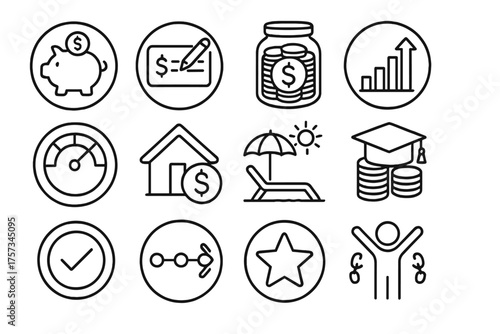 Financial Milestones Icons. Line style round icons of financial milestones: first savings, debt paid off, emergency fund full,