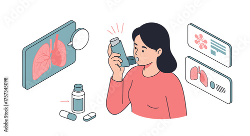 Woman using inhaler while looking at digital health information  