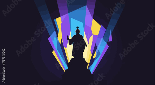 This flat design illustration features the iconic "Veilleur de Nuit" statue in Lyon, dramatically illuminated by colorful light projections during the Fête des Lumières. A minimalist 2D artwork highli