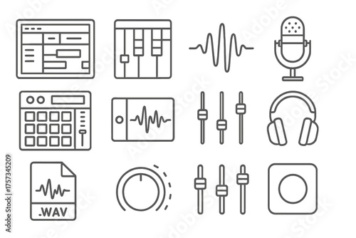 Music Production Icons. Line style round icons of music production process: DAW screen, piano roll, waveform icon, mic setup; beat