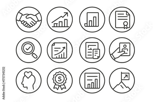 Startup Exit Icons. Line style round icons of startup exit paths: acquisition deal, IPO icon, valuation chart, lawyer doc; due
