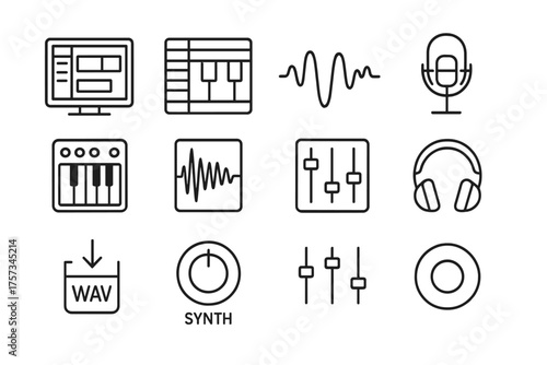 Music Production Icons. Line style round icons of music production process: DAW screen, piano roll, waveform icon, mic setup; beat