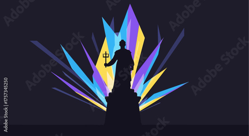 This flat design illustration features the iconic "Veilleur de Nuit" statue in Lyon, dramatically illuminated by colorful light projections during the Fête des Lumières. A minimalist 2D artwork highli