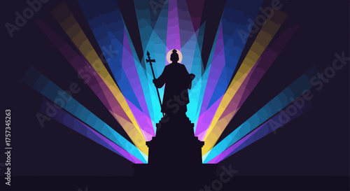 This flat design illustration features the iconic "Veilleur de Nuit" statue in Lyon, dramatically illuminated by colorful light projections during the Fête des Lumières. A minimalist 2D artwork highli