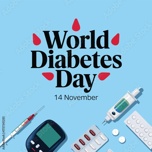 Vector art of world diabetes day on november 14th, featuring medical supplies like a glucometer, insulin pen, and pills