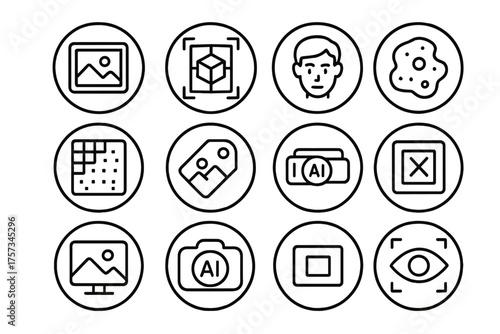 AI Vision Icons. Line style round icons of computer vision: image recognition, object detection, face scan, camera AI; bounding