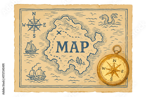 Vintage Navigator Map. Hand-drawn navigator map in parchment beige with blue ink, glowing golden compass, center word “Map”,