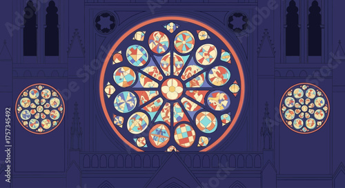 A close-up flat design illustration showcasing an exquisite rose window light projection adorning a Gothic church facade during Lyon's Fête des Lumières.