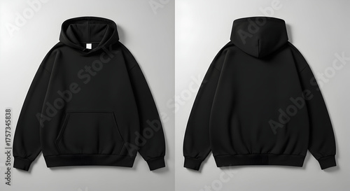 Black pullover hoodie with kangaroo pocket and drawstring hood front and back flatlay on neutral background