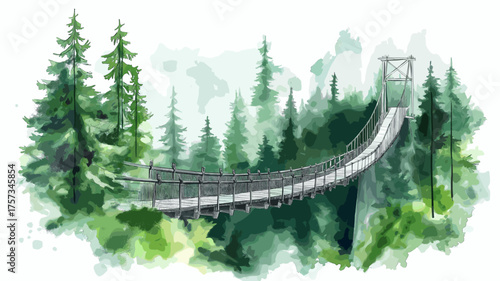 Capilano Suspension Bridge Park. Capilano Suspension Bridge Park hand drawn watercolor illustration