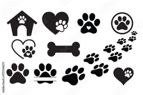 Paw Print Heart and Bone Vector Icons