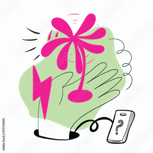 Hand holding a pink fan connected to a phone a quirky illustration symbolizing power outage and energy saving solutions