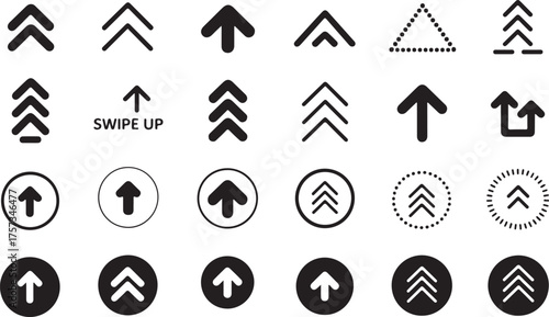 Assorted Black Arrow Icon Set with Swipe Up and Directional Concepts for Web and Mobile Applications