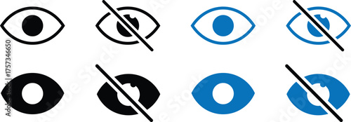 eye icon set. View and Eye icons. visible invisible concept. See and unsee symbol. Show password. hidden password
