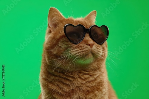 Cute fluffy kitten with heart shaped sunglasses on green background. Tabby happy cat with black heart eyeglasses. Pet party. Valentines Day. Love kitten cat wearing red heart shape glasses isolated