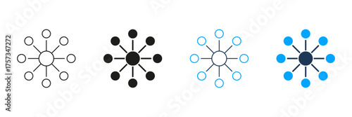 Network Hub And Spoke Line And Solid Icon Set. Centralized Communication And Data Distribution Symbol Collection. Connectivity And Information Flow Representation. Isolated Vector Illustration