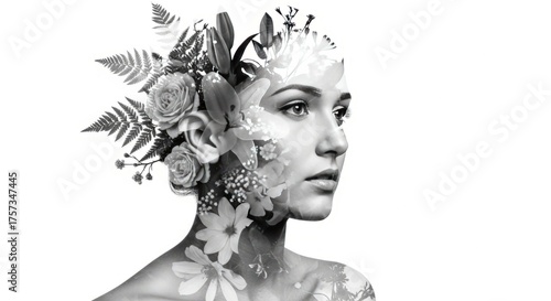 Woman with flowers and fern leaves in double exposure on white background. Beauty and nature merge in concept art.