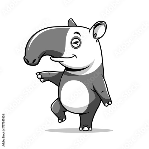 Tapir balancing on one leg, cartoon style, gray scale illustration.