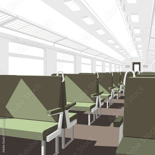 Train interior with seats and windows, perspective view.