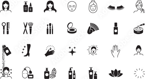 Beauty and Personal Care Product Icons Set Minimalist Black and White Symbols for Cosmetic Products and Fashion Accessories