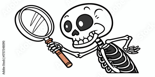 Cartoon skeleton detective enthusiastically searching with a magnifying glass