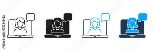 Video Call With Female Avatar Line And Solid Icon Set. Online Communication, Virtual Meeting, And Remote Work Symbol Collection. Digital Interaction. Isolated Vector Illustration