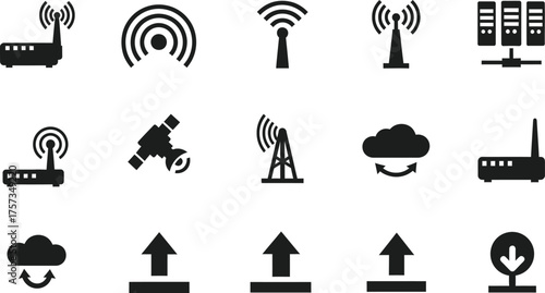 Collection of technology and network icons including routers antennas servers clouds and upload download arrows isolated on transparent background