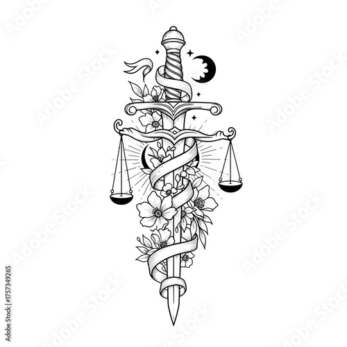 Sword entwined with flowers and scales representing justice and balance  