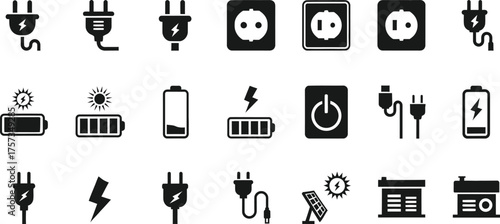 Collection of electrical plugs sockets and batteries representing power and energy concepts isolated on transparent background