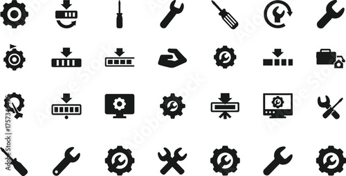Collection of black technical service and repair icons including gears wrenches and screwdrivers isolated on transparent background