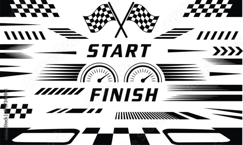 Racing elements vector set with checkered flags, speed lines, and start finish signage for design