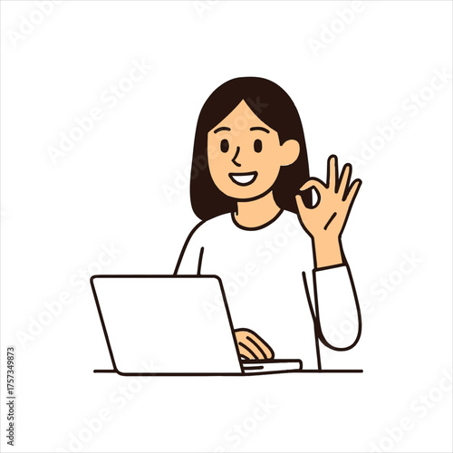 smiling woman, wearing white shirt, working on laptop
