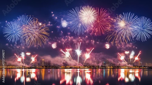 Celebration Sky Fireworks Exploding in a Nighttime Spectacle over Water Reflected Below