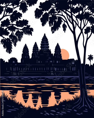 Angkor Wat Sunrise Reflection – Vector Illustration