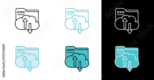 Cloud connection and folder icon for network data exchange in line and fill style