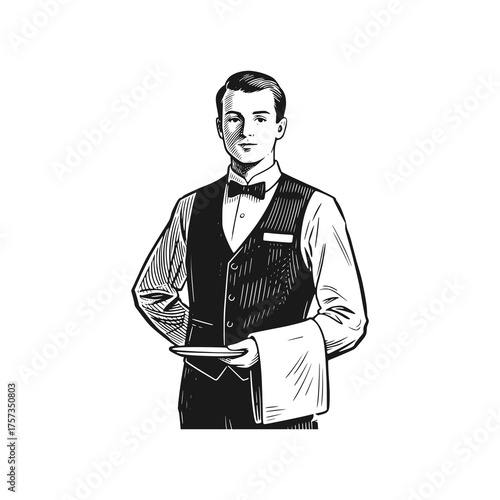 Waiter. Black white vector illustration.