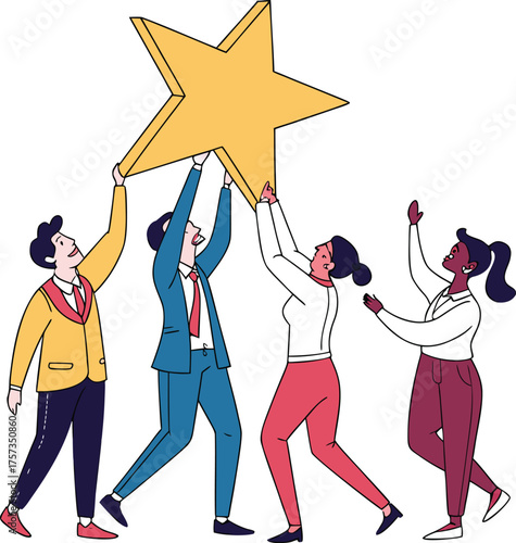 Business Team Holding Big Star – Teamwork, Success and Achievement Concept Illustration