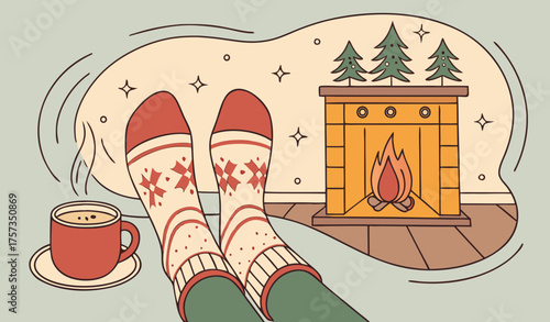 Feet in woollen socks by the Christmas fireplace. Woman relaxes by warm fire with a cup of hot drink and warming up her feet in woollen socks. Close up on feet. Winter and Christmas holidays concept.
