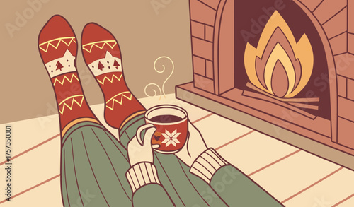 Feet in woollen socks by the Christmas fireplace. Woman relaxes by warm fire with a cup of hot drink and warming up her feet in woollen socks. Close up on feet. Winter and Christmas holidays concept.