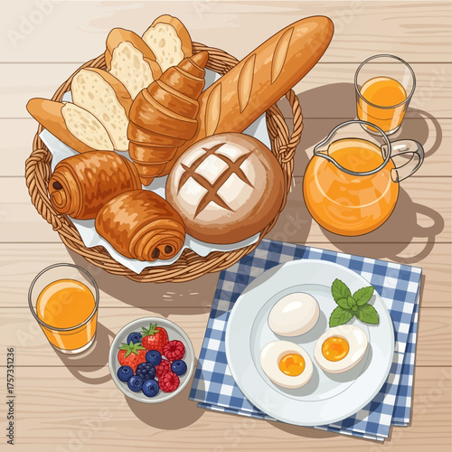 Breakfast Basket with Bread and Orange Juice