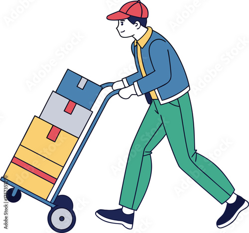 Delivery Worker Pushing Hand Truck with Boxes – Courier and Logistics Service Illustration