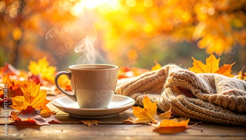 Cozy Autumn Scene Hot Coffee, Warm Scarf, and Fallen Leaves