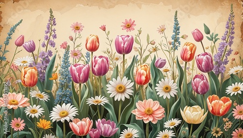 Romantic field of tulips daisies and soft pastel wildflowers on parchment vintage illustration background